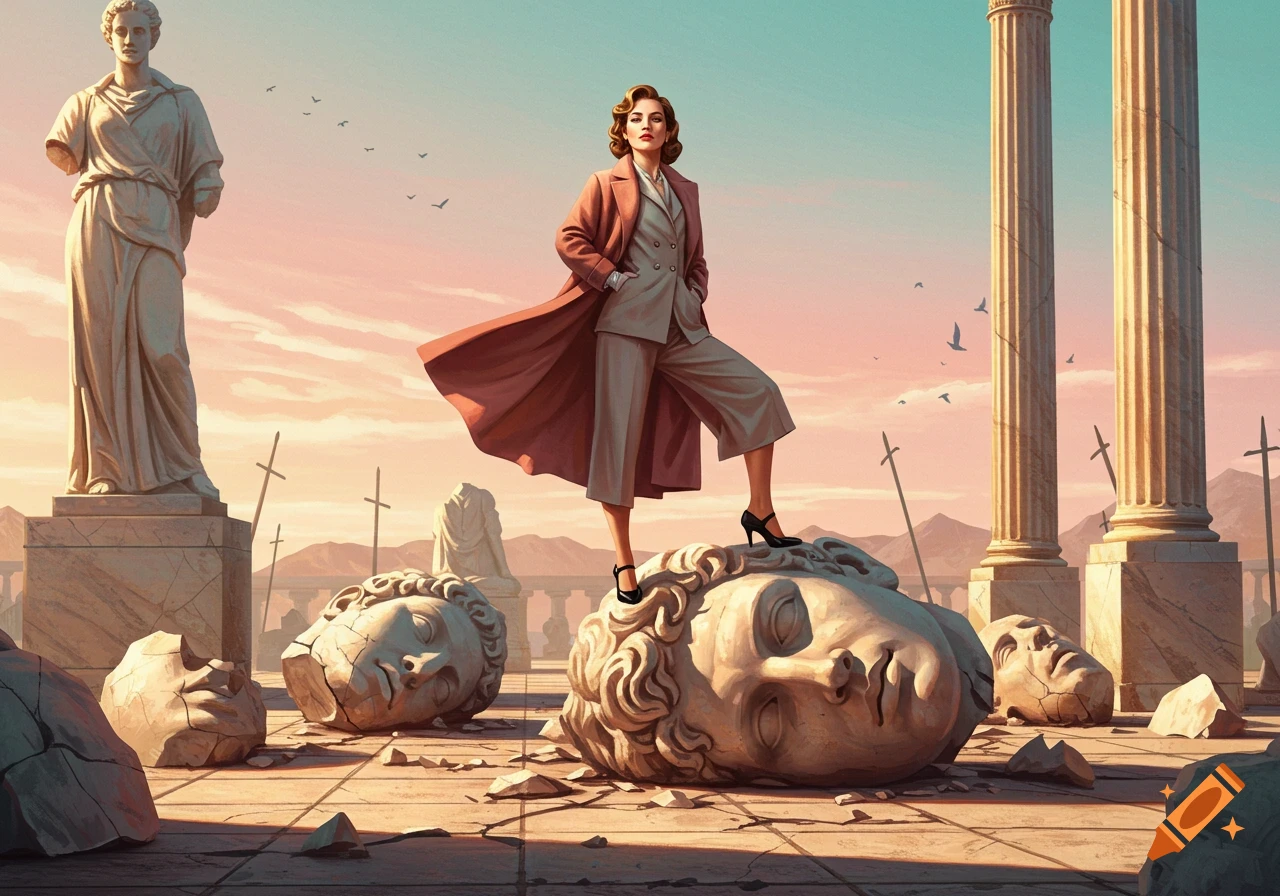 A woman in a stylish suit and coat stands triumphantly on a broken statue head in a ruin filled with classical columns and shattered sculptures under a sunset sky.