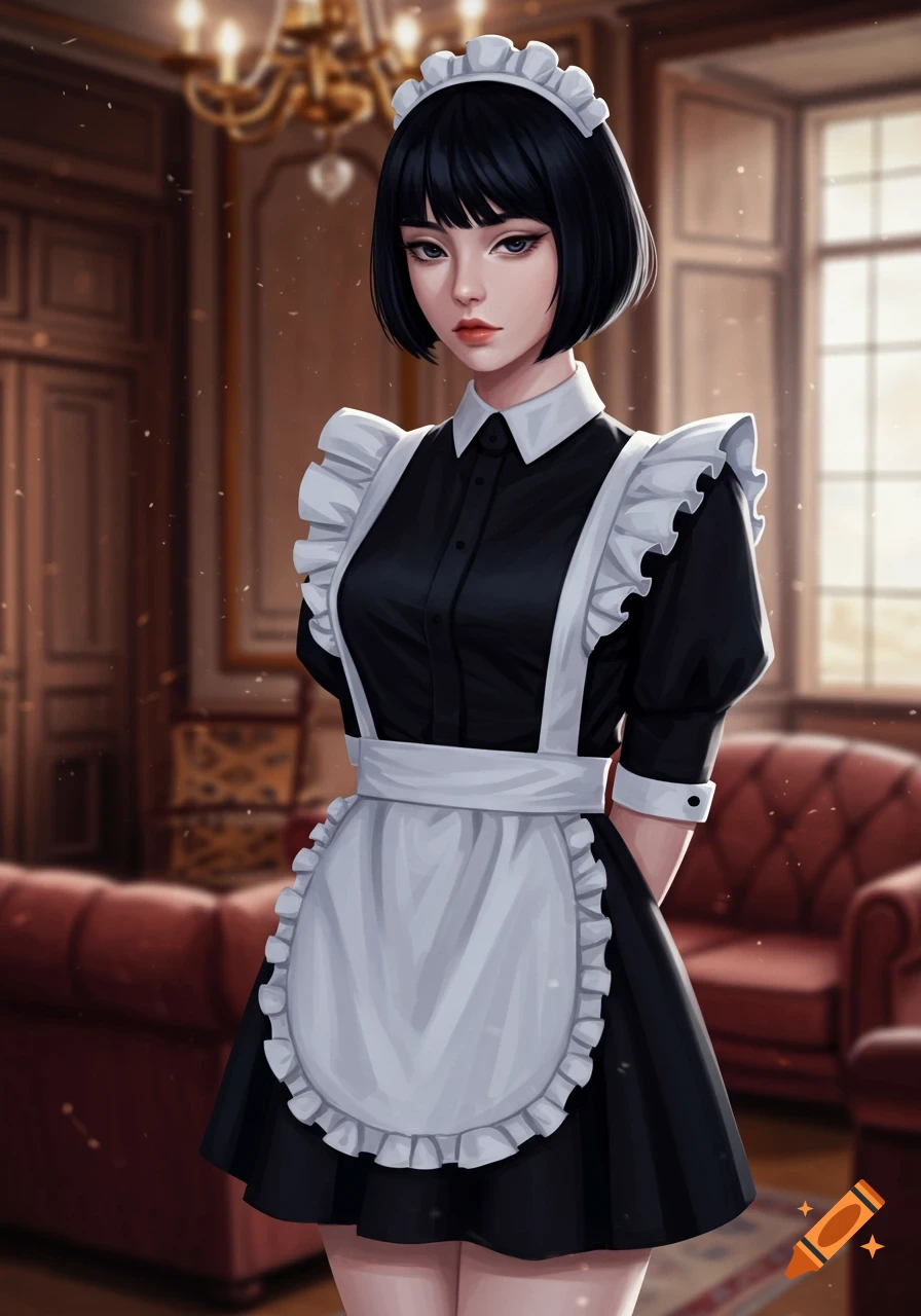 A young woman with a bob haircut in a black and white maid uniform stands in a well-furnished room, in a digital art style.