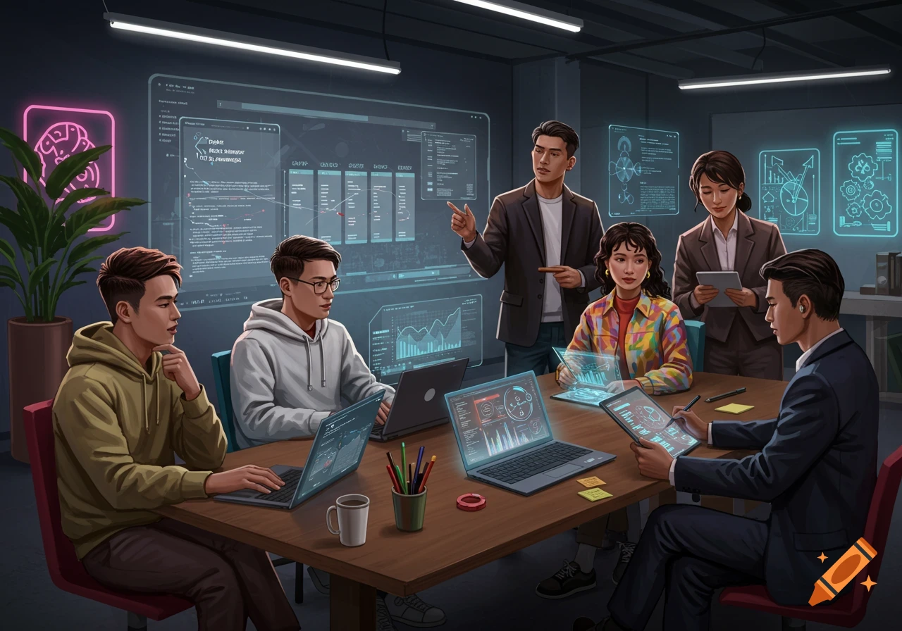 A group of diverse people in a modern office collaborating around a table, with several laptops and tablets displaying data and a large screen in the background showing code and charts.