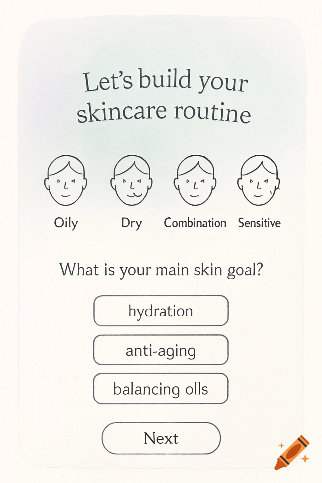 Skincare routine onboarding quiz UI with options for skin type and goals, including text 'balancing olls'.