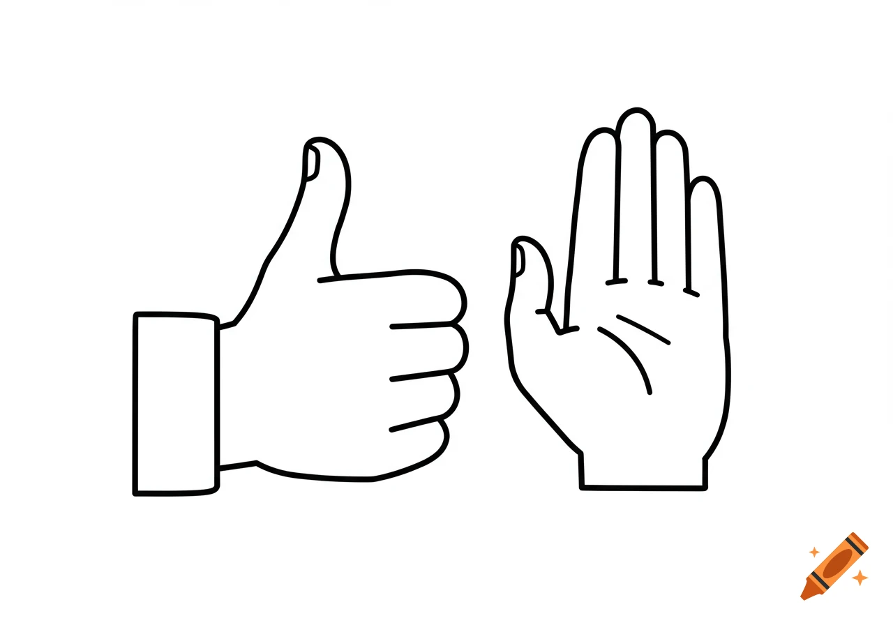 A children's coloring page illustration of a hand making a thumbs-up gesture and another hand with an open palm, outlined in bold black on a white background.