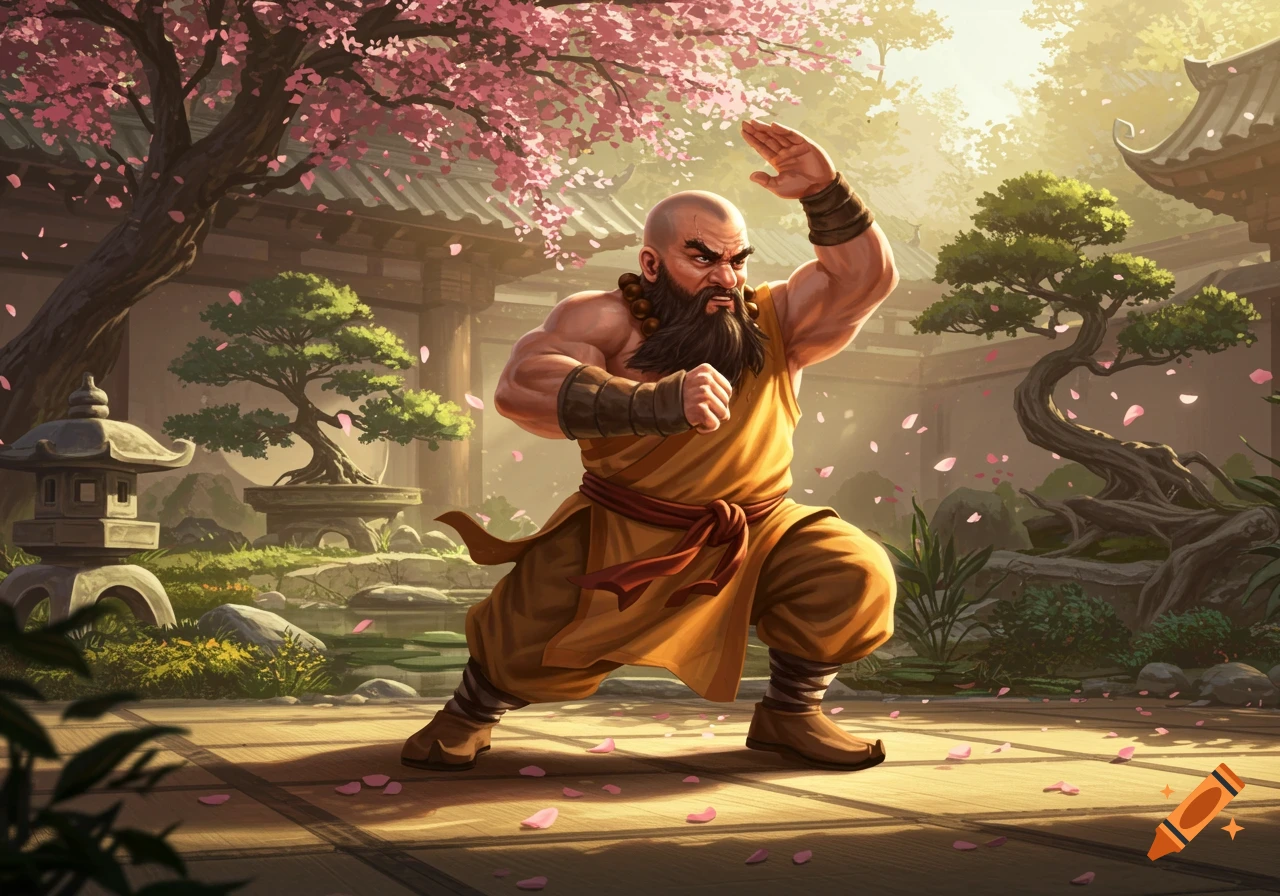 A muscular, bearded monk in a yellow robe performs a martial arts pose in a sunlit cherry blossom garden.