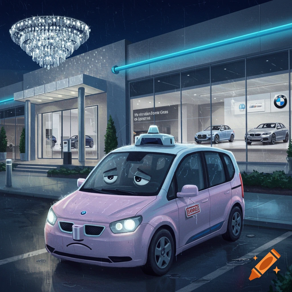 A sad, pink cartoon car with large eyes, possibly a Waymo, with a 'BANNED' sign on its mirror, sits in the rain outside a BMW dealership at night.