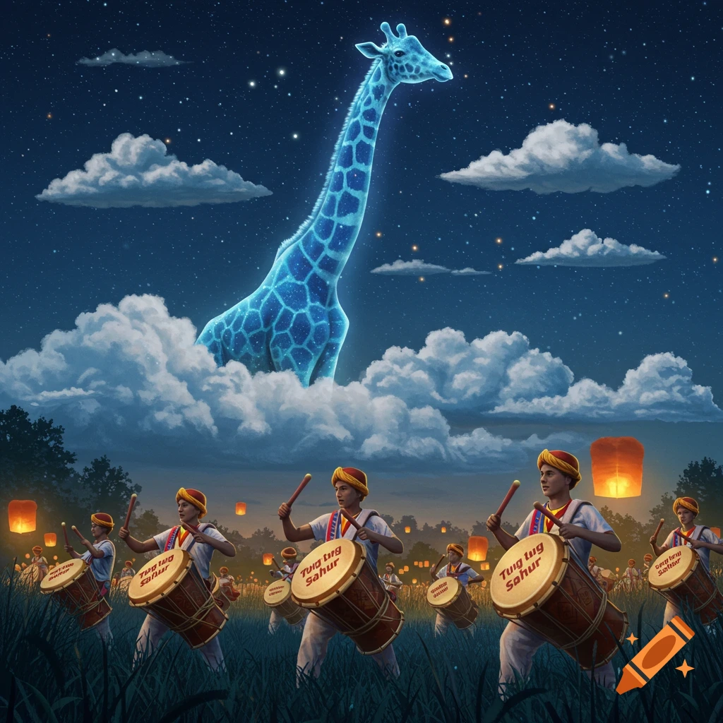 A glowing blue celestial giraffe emerges from clouds at night, above people playing drums in a field with floating lanterns.
