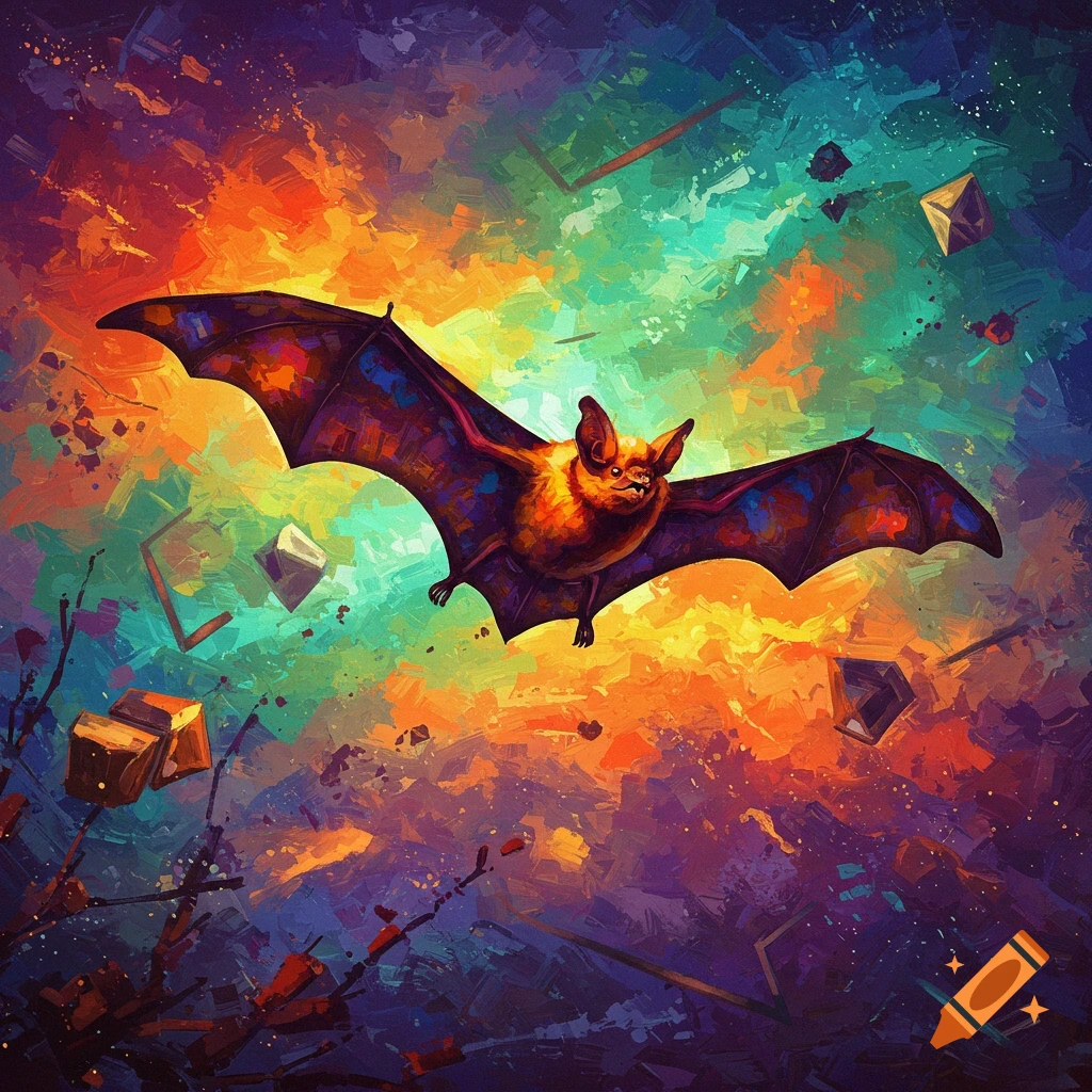 Fauvist painting of a bat with outstretched wings against a vibrant, abstract background of orange, purple, and teal.
