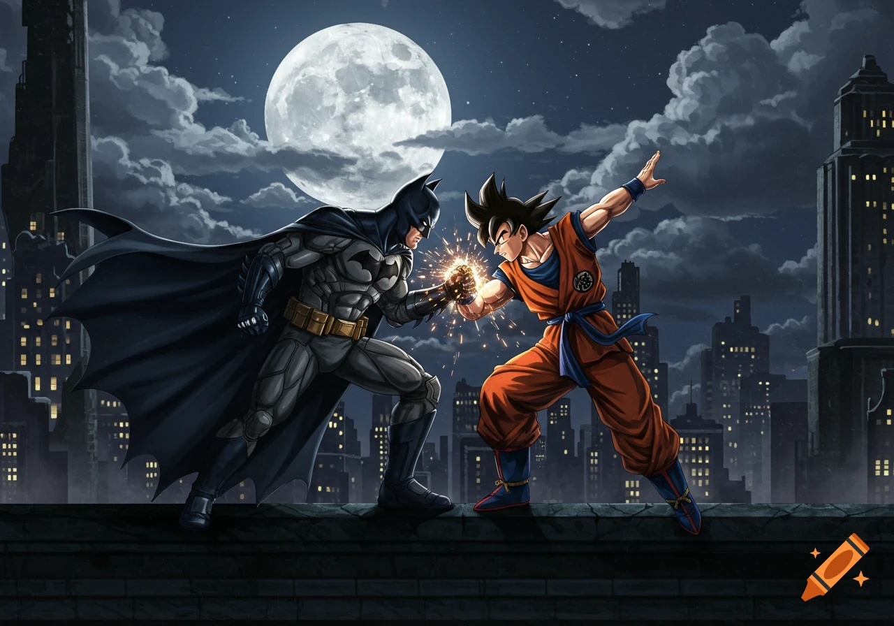 Batman and Goku face off on a city rooftop at night with a full moon, their fists glowing, in a dynamic comic book art style.