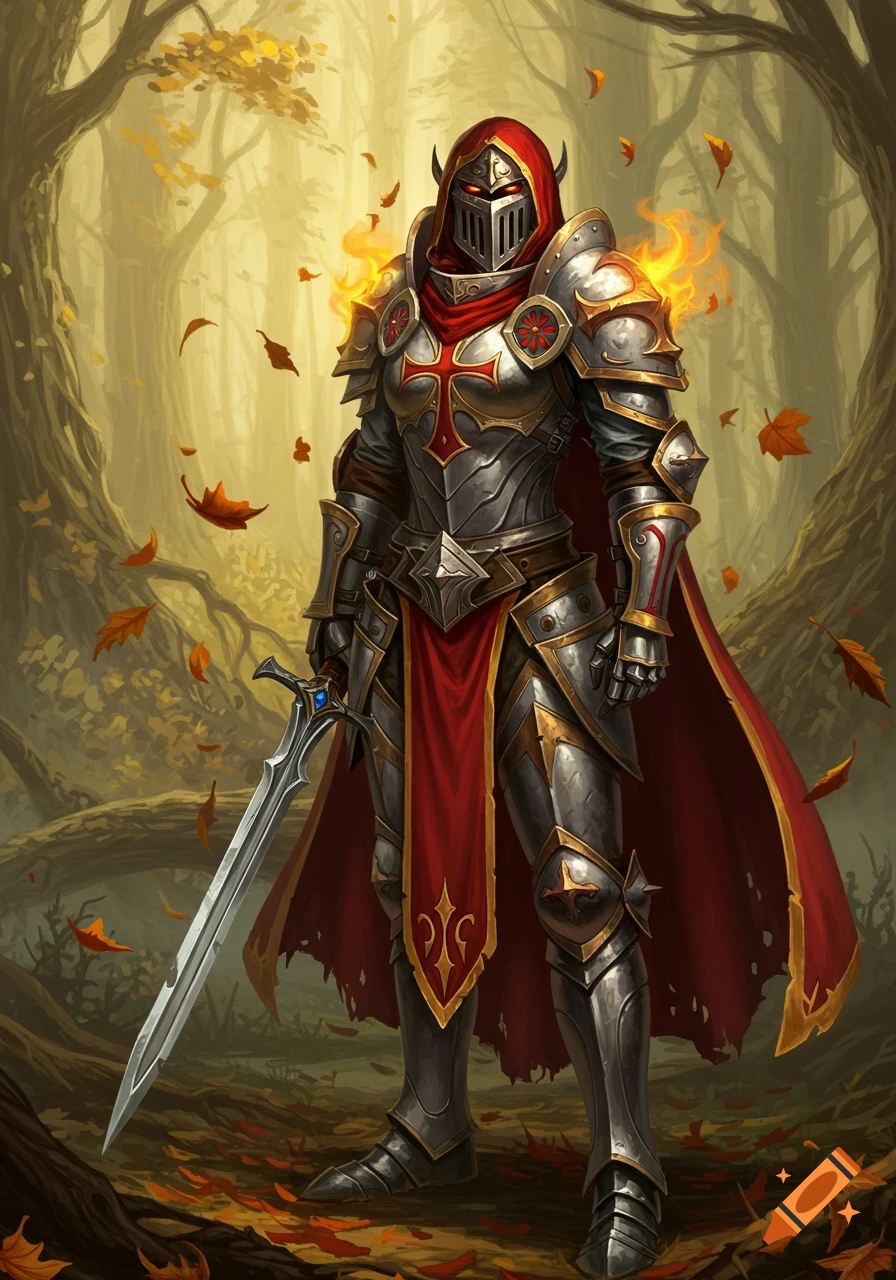 A knight in ornate armor with a red hood and cape, holding a sword, stands in an autumn forest with falling leaves.