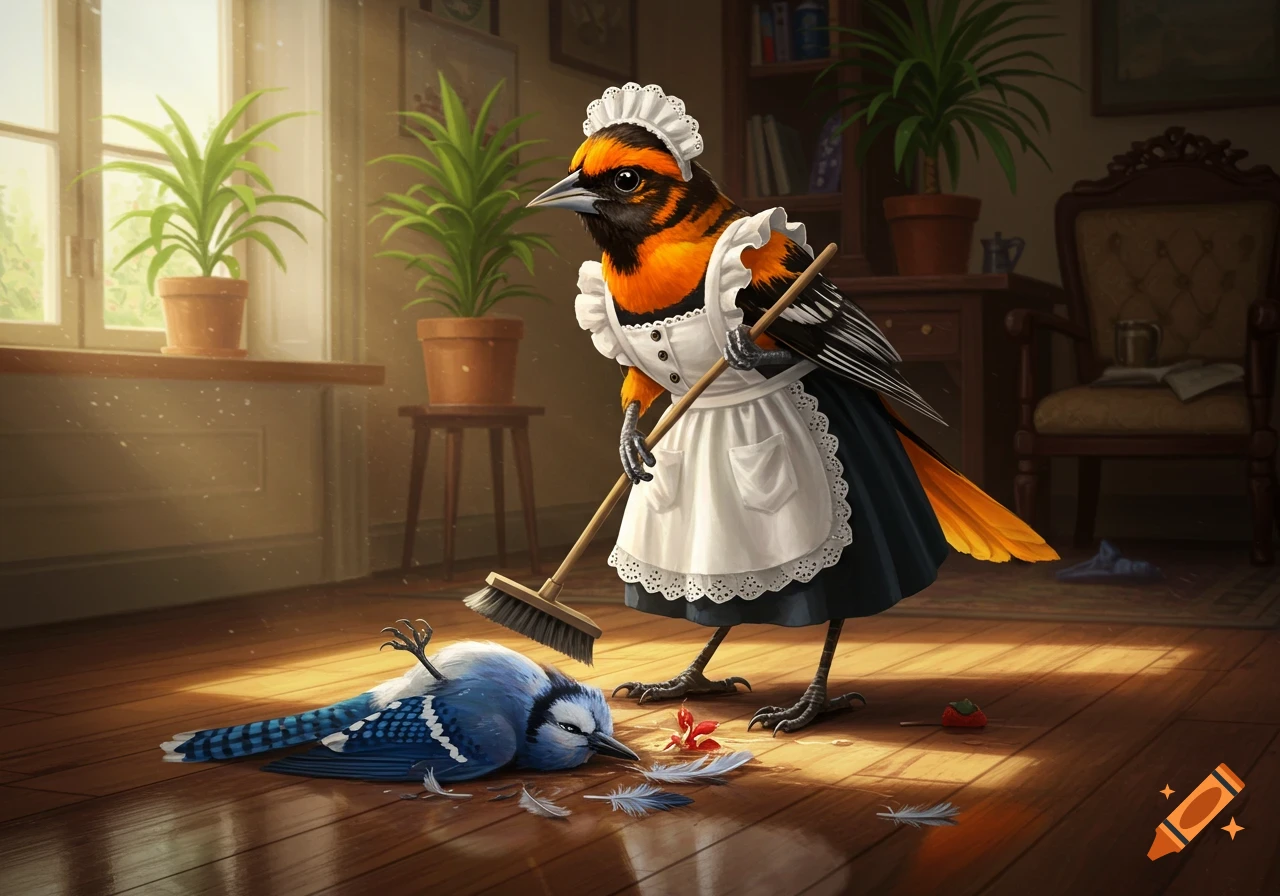 A Baltimore Oriole in a maid outfit sweeps feathers around a dead blue jay on a sunlit wooden floor in a house.