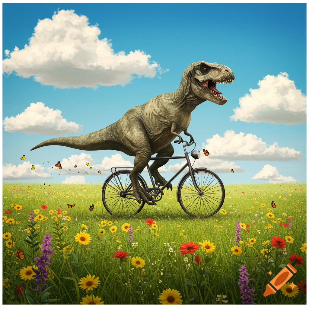 A T-Rex rides a bicycle through a vibrant field of colorful wildflowers under a bright blue sky with white clouds and butterflies.