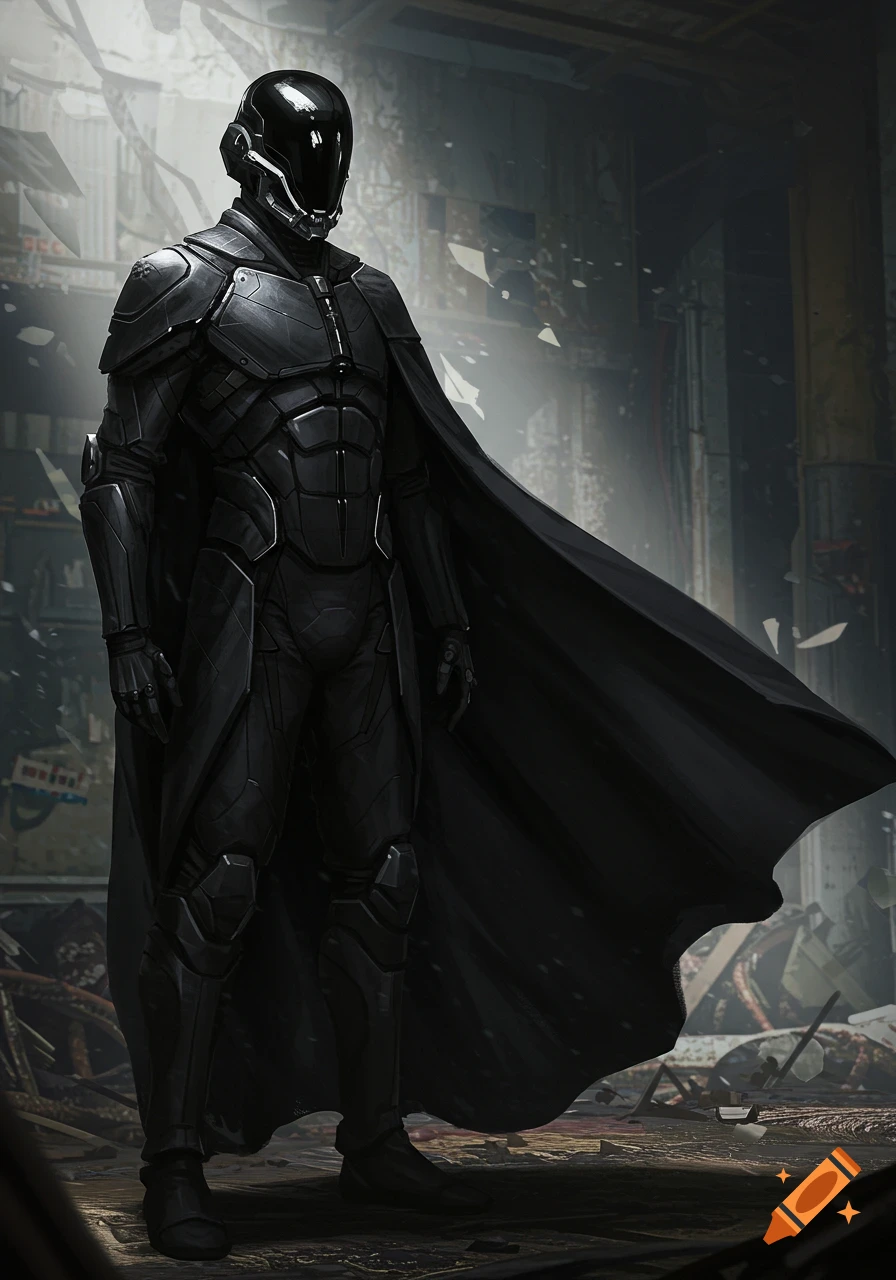 A figure in sleek black sci-fi armor with a reflective helmet and flowing cape stands in a dark, ruined setting.