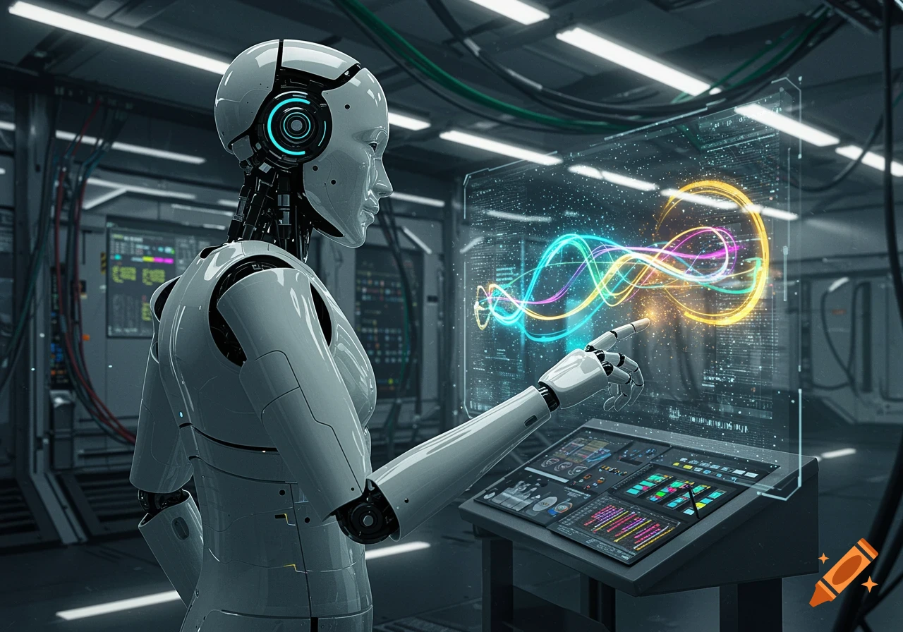A white humanoid robot interacts with a holographic display showing colorful data waves in a futuristic lab.