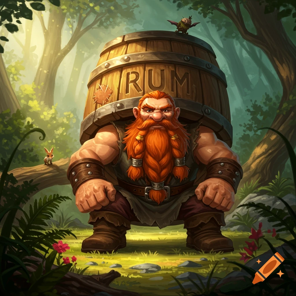 A cartoon fantasy dwarf with an orange beard and a large wooden rum barrel on his back, squatting in a lush forest.