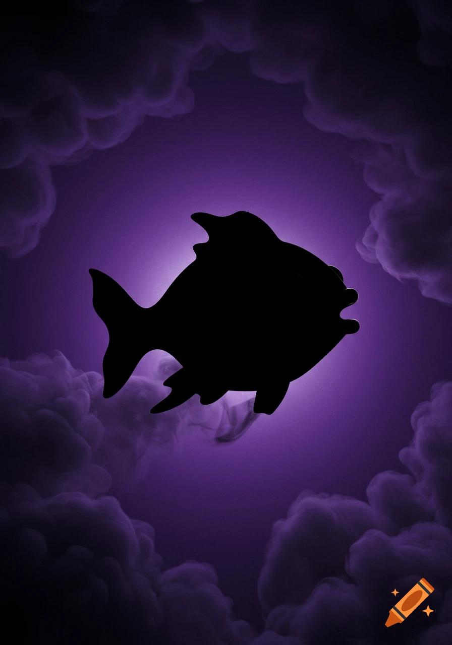 A black silhouette of a fish against a vibrant purple background surrounded by dark purple smoke.