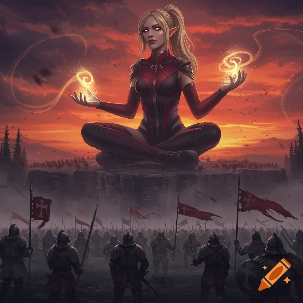 A giant blonde elf with red eyes sits on a cliff, conjuring magic over an army at sunset, digital painting.