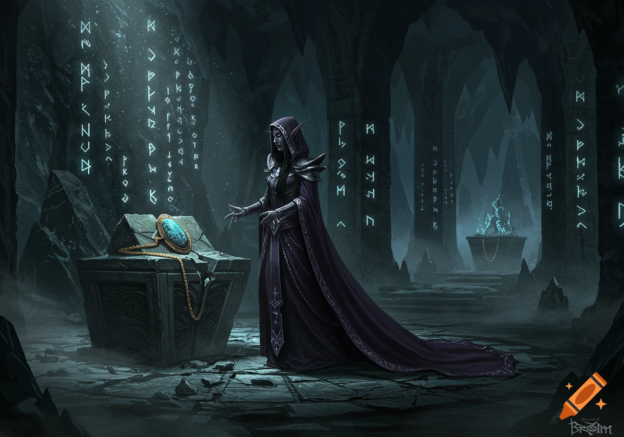 A dark elf in purple robes stands before a stone altar with a shattered amulet in a vast, mist-filled underground temple, illuminated by glowing blue runes on obsidian walls. Stylized.