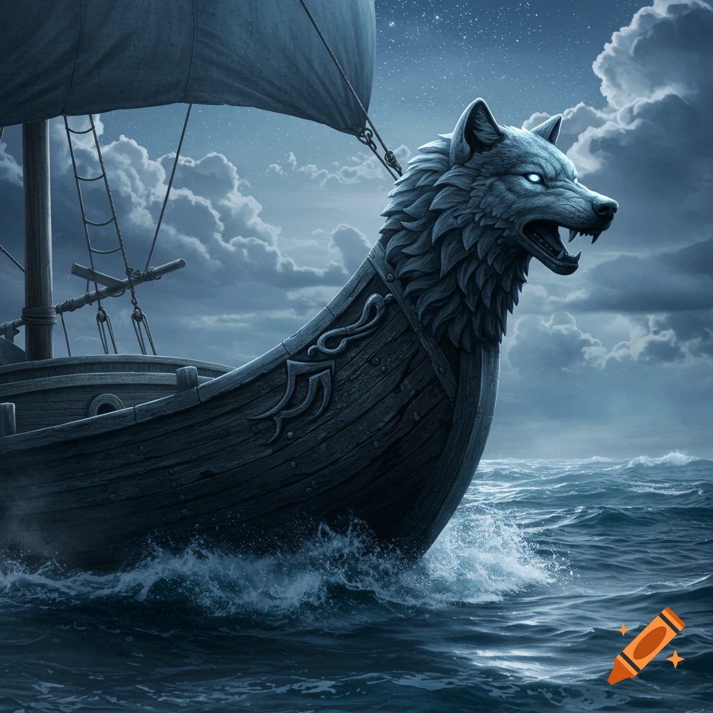 A detailed boat with a glowing-eyed wolf figurehead sails on stormy seas under a dark, starry night sky.