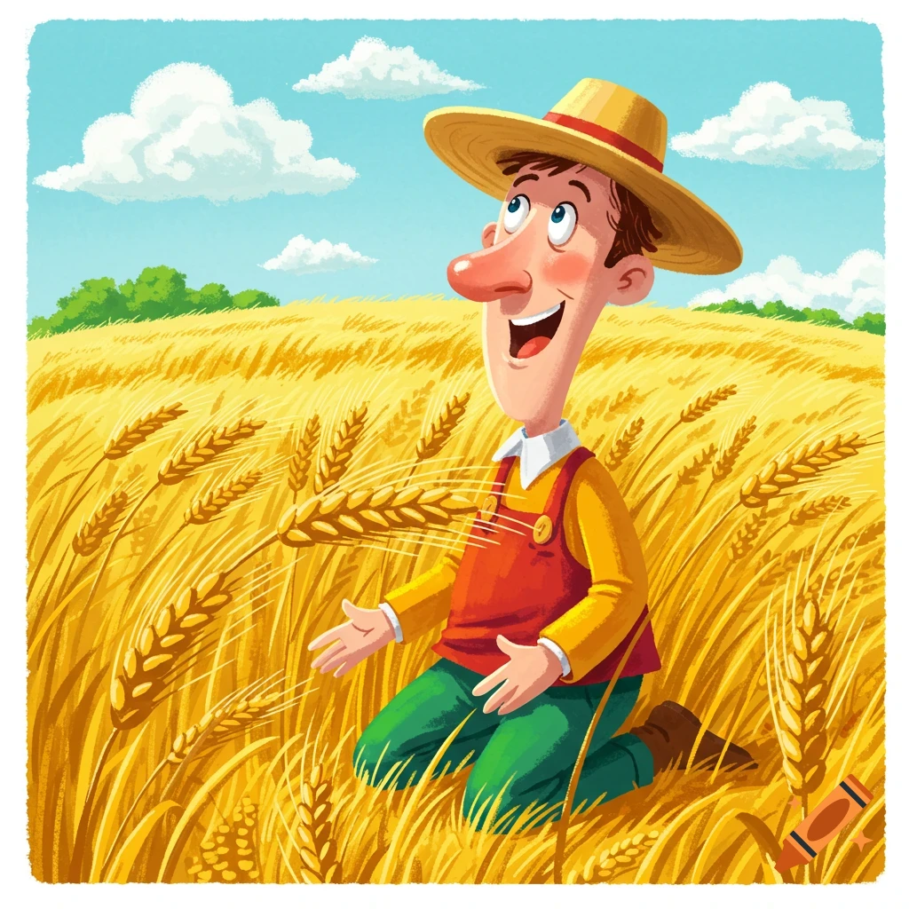A cheerful cartoon farmer in a straw hat kneels in a golden wheat field under a blue sky.
