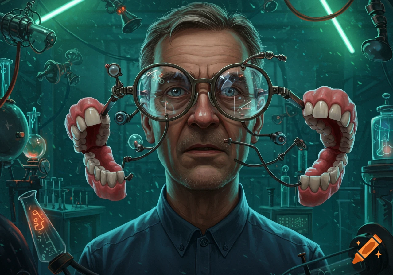 A man with blue eyes wears glasses connected to a pair of dentures by wires in a glowing green, futuristic laboratory setting.