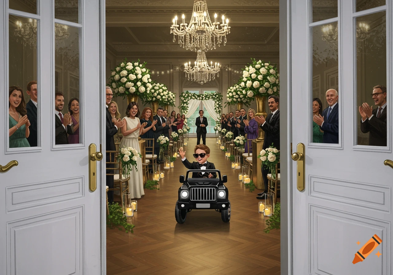 Illustrated scene: a ring boy in a black toy truck drives down a wedding aisle past clapping guests.