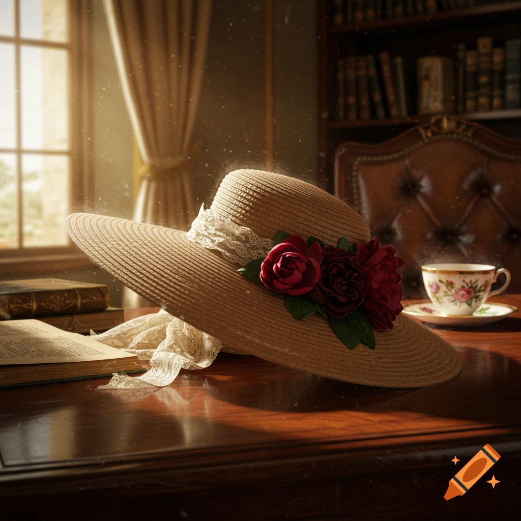 A straw hat with red roses and lace sits on a sunlit wooden desk next to open books and a steaming teacup in a vintage-style room.