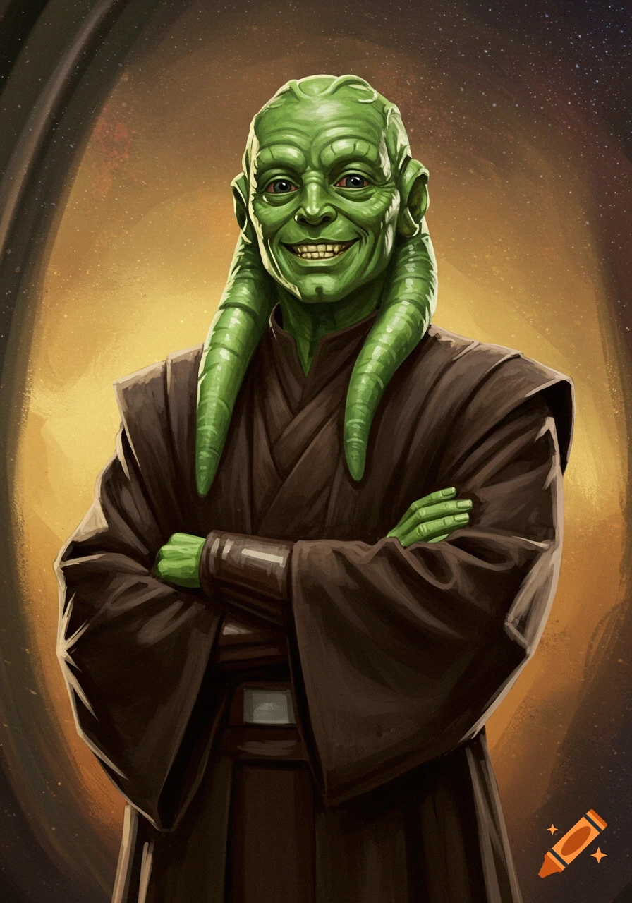 Oil painting of a green-skinned alien in dark brown robes with crossed arms and a mischievous grin.