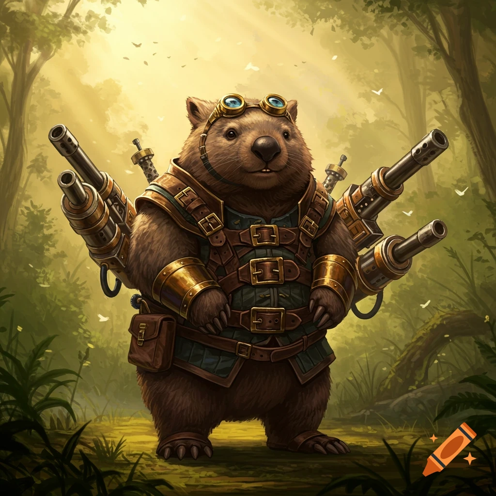 A steampunk wombat wearing leather armor and goggles, equipped with multiple machine guns, stands in a sunlit forest.