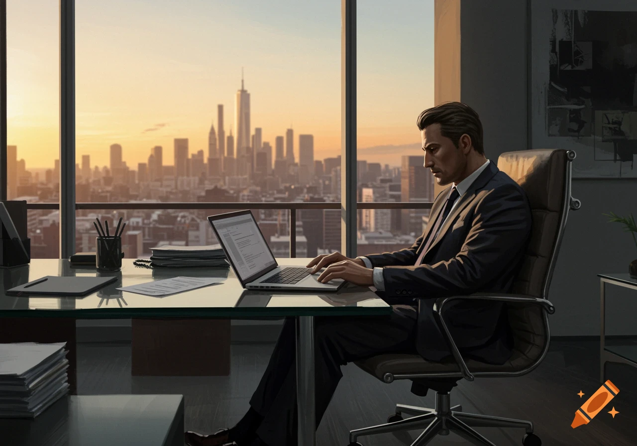 A businessman in a suit works on a laptop at a desk with a city skyline visible through a large window at sunset.