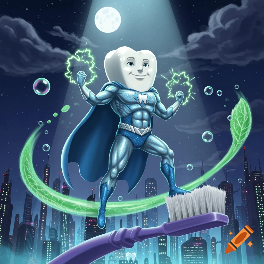 A cartoon superhero tooth in a blue suit stands on a giant toothbrush over a city at night, illuminated by a full moon.
