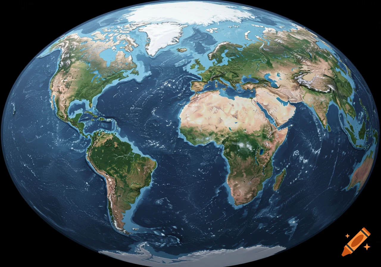 A photorealistic 3D render of a modified Earth globe with altered continents and increased ocean coverage against a black background.