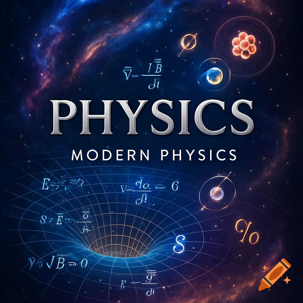 A dark blue and purple space background with stars, nebulae, and glowing atomic structures. The word "PHYSICS" is prominently displayed in silver letters at the top, with "MODERN PHYSICS" below it in white. Various glowing, illegible scientific equations and symbols are scattered around, along with a central black hole or singularity graphic.