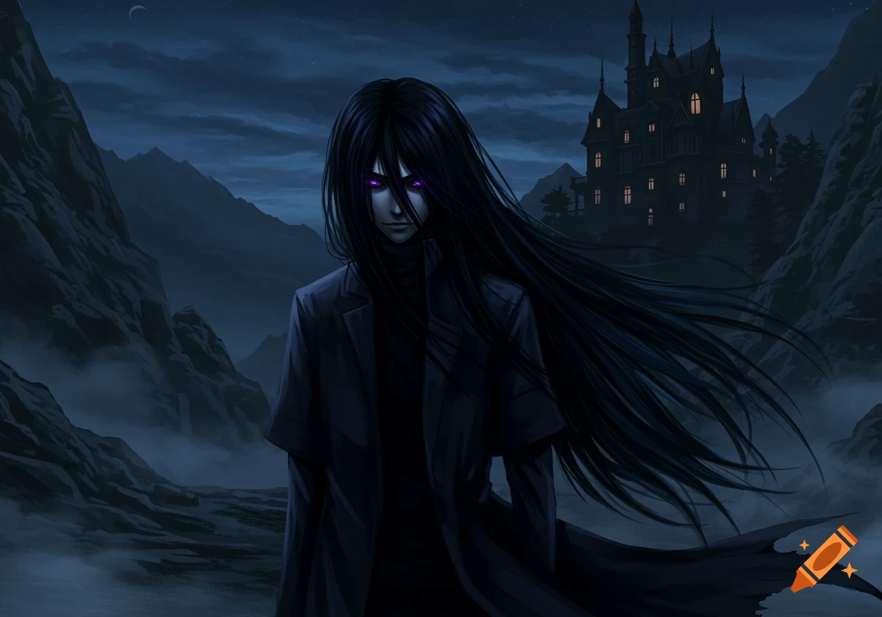 An anime character with long dark hair and glowing purple eyes stands in a dark, misty mountain landscape with a gothic mansion in the background.