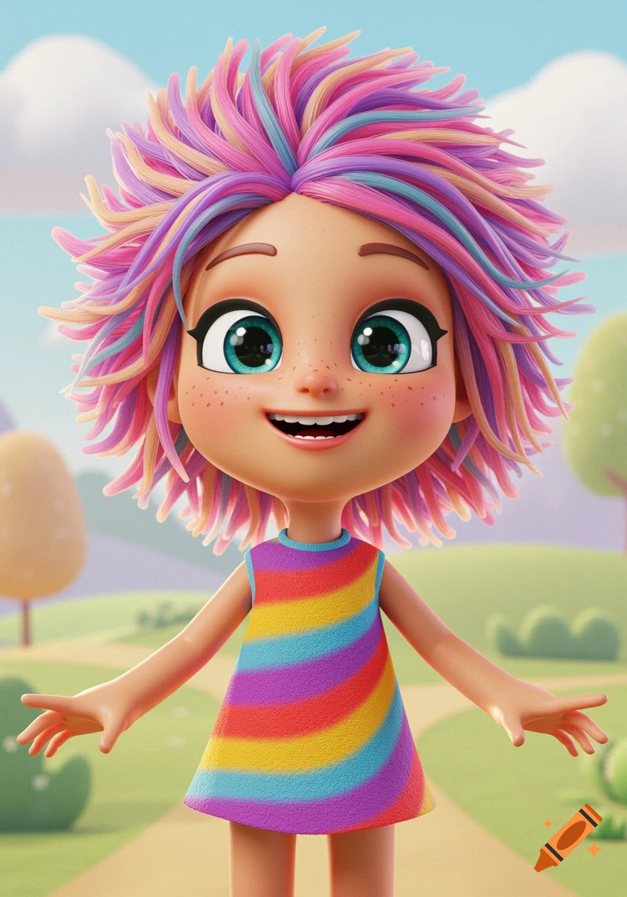 A smiling 3D cartoon girl with vibrant rainbow hair and a rainbow dress in an outdoor setting.