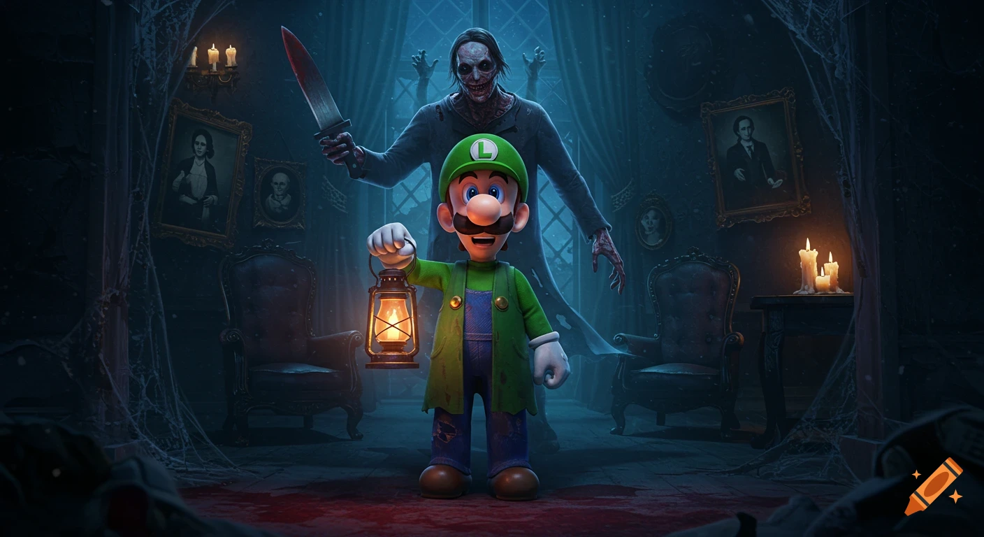 Luigi holds a lantern in a dark, cobweb-filled mansion as a monstrous, knife-wielding slasher ghost looms behind him.