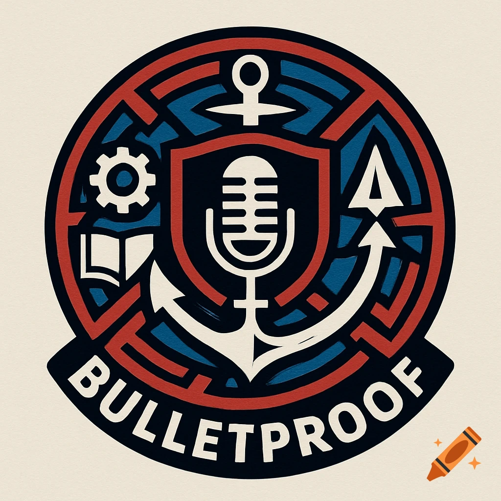 Circular logo with a central shield and microphone, anchor, gear, book, and arrow. Text 'BULLETPROOF' below. Red, blue, black, and white colors.