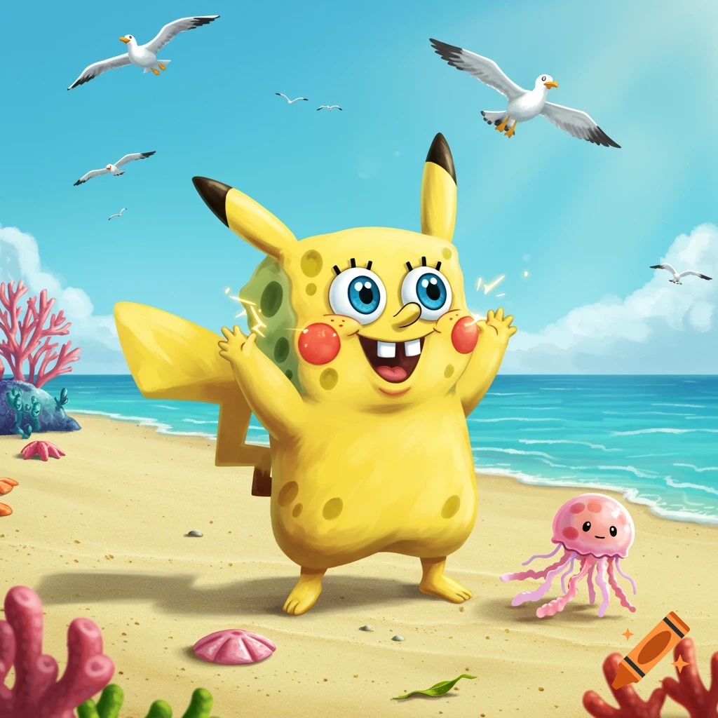 A happy Spongebob-Pikachu hybrid character stands on a sandy beach, with seagulls flying and a pink jellyfish nearby.