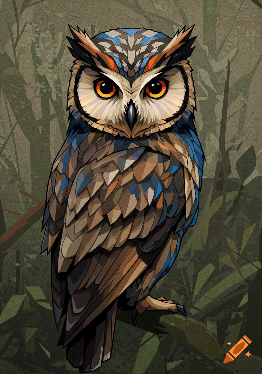Cubist drawing of an owl perched on a branch in a stylized forest.