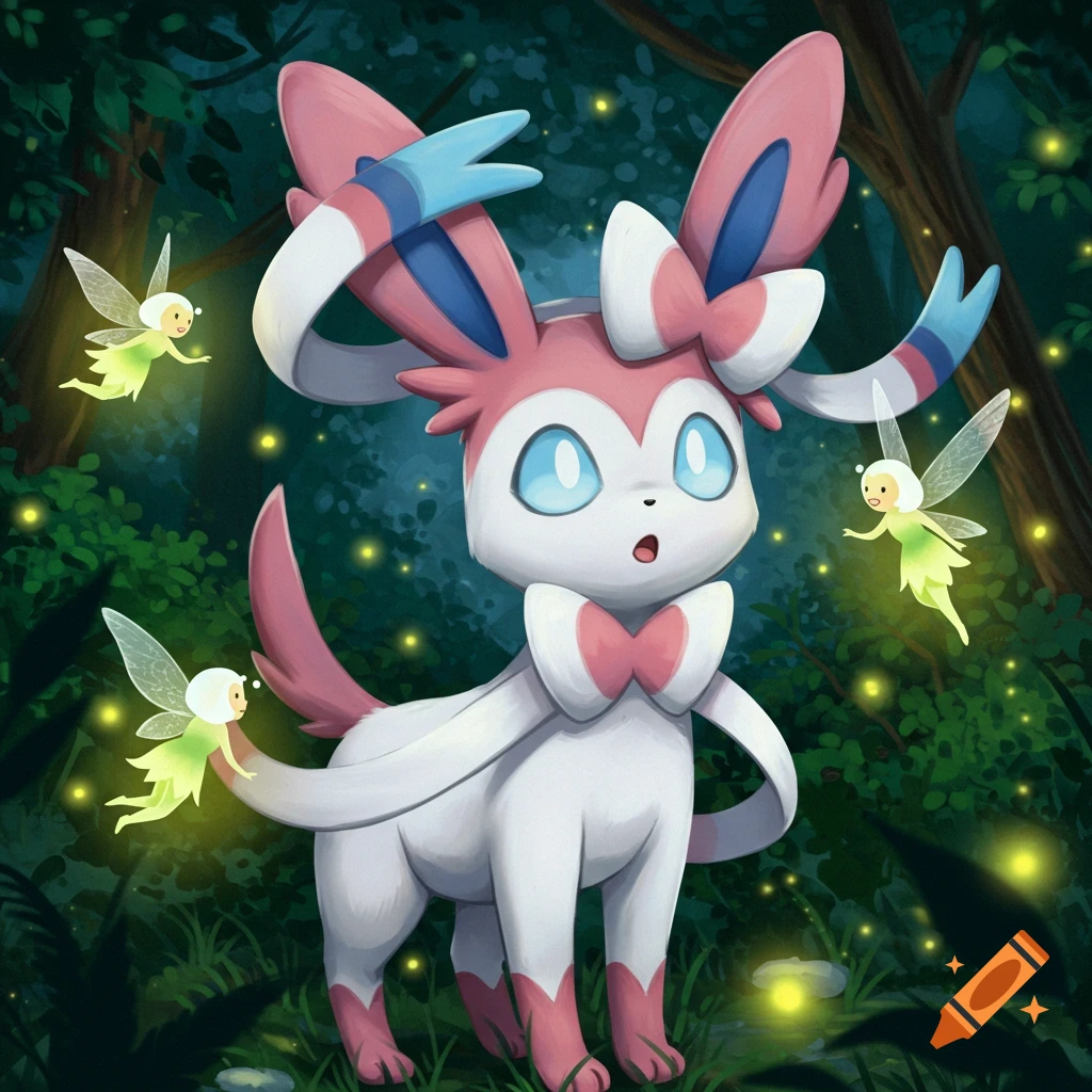 A wide-eyed Sylveon stands in a dark forest surrounded by glowing fireflies and small, green fairies.