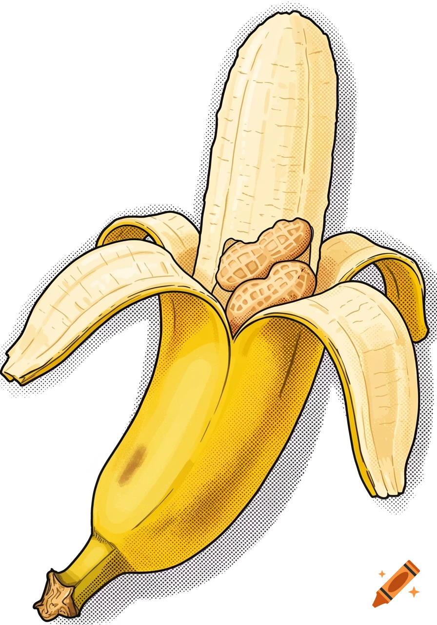 A half-peeled banana with two peanuts inside, rendered in a halftone sketch style.