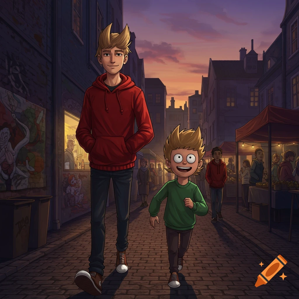 Two cartoon boys, one tall in red and one short in green, walk down a cobblestone street at sunset in a bustling city with market stalls.