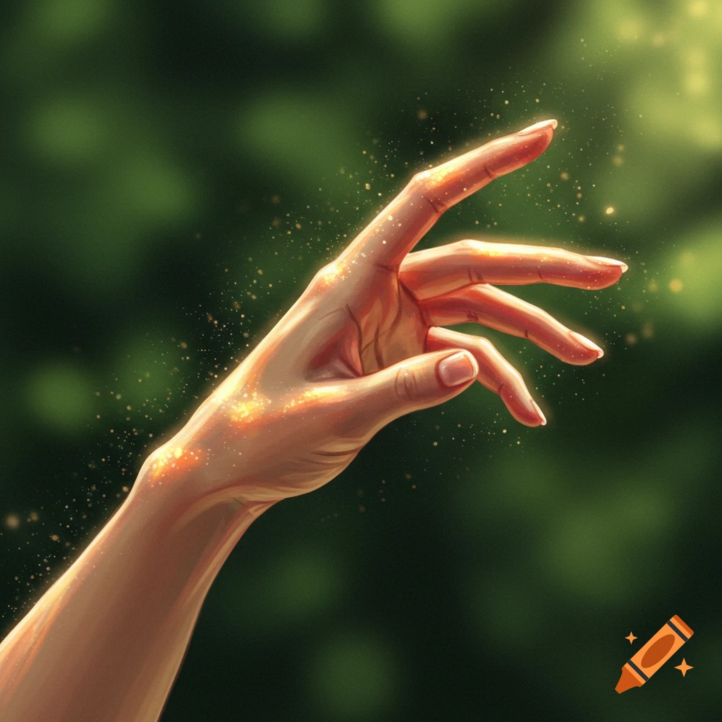 A digitally painted hand reaching towards golden sparkling light against a blurred green background.
