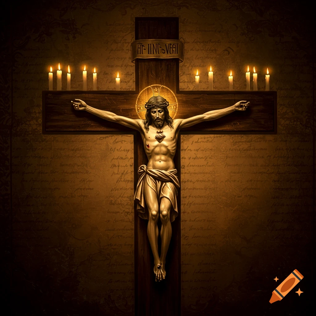 Photorealistic image of Jesus Christ on a wooden cross, illuminated by a golden halo and candles, set against a dark background.