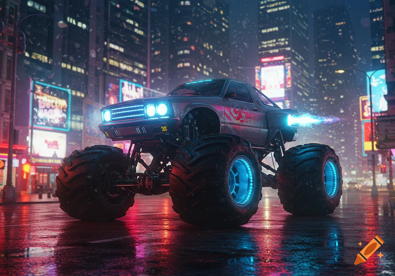 A monster truck with neon blue lights on its wheels and headlights drives on a wet city street at night, surrounded by glowing futuristic buildings.