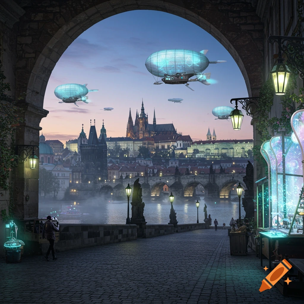 Steampunk airships fly over Prague's Charles Bridge and castle at dusk, with glowing futuristic shop displays.