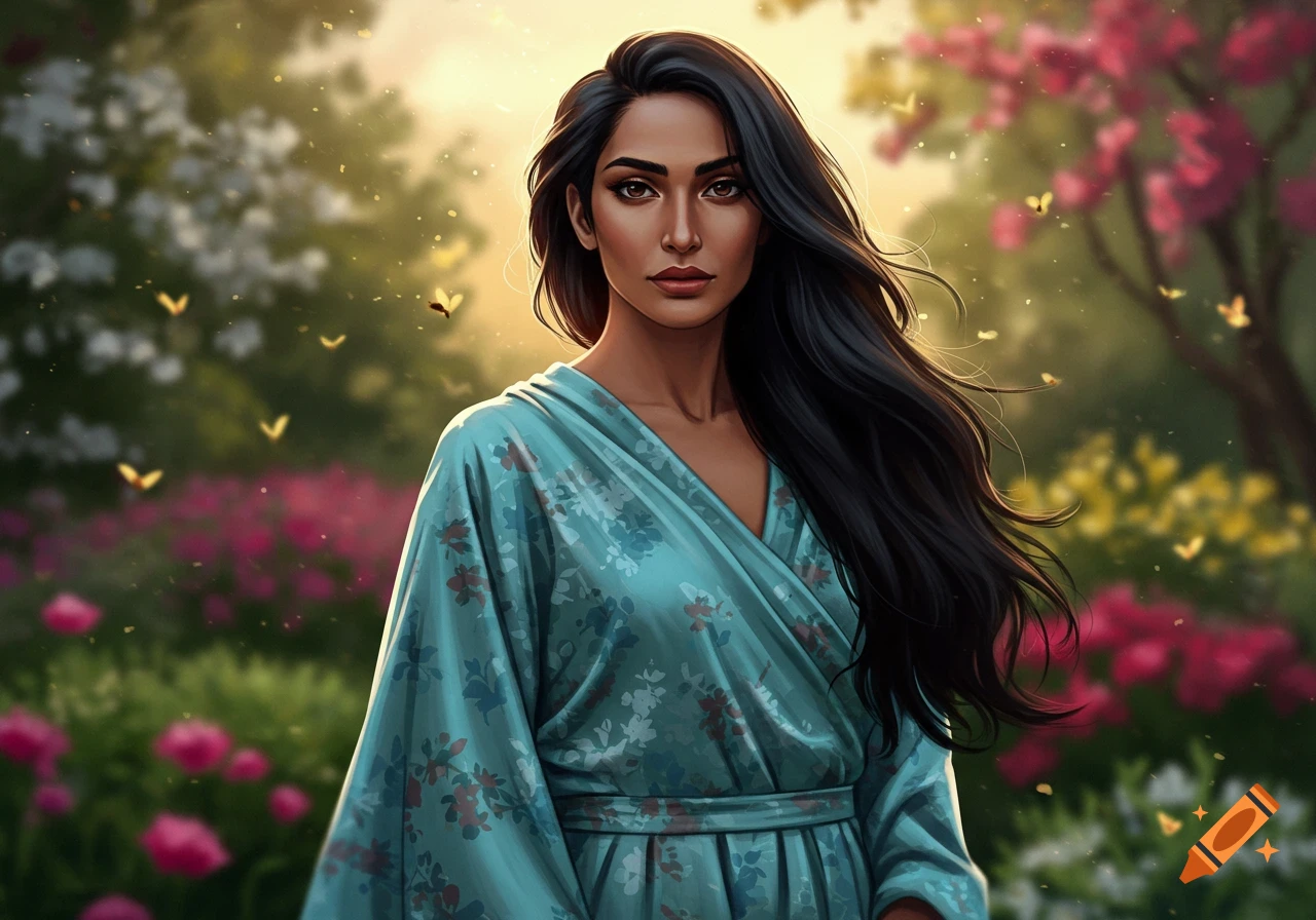 Digital painting of a woman with long dark hair in a teal floral dress standing in a lush garden with pink flowers and golden light.