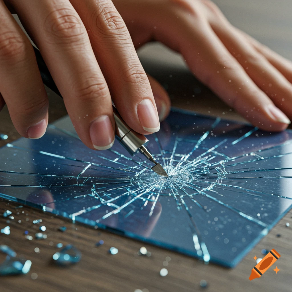 A hand uses a tool to crack a sheet of blue glass, creating a radiating shattered pattern on a wooden table.