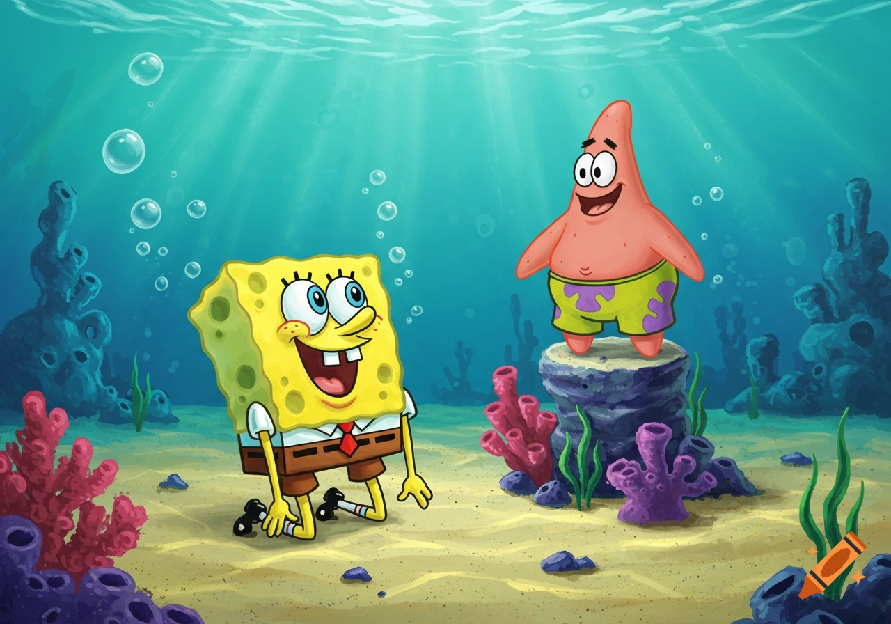 SpongeBob SquarePants kneeling on the ocean floor, looking at Patrick Star standing on a rock, in a cartoon underwater scene.