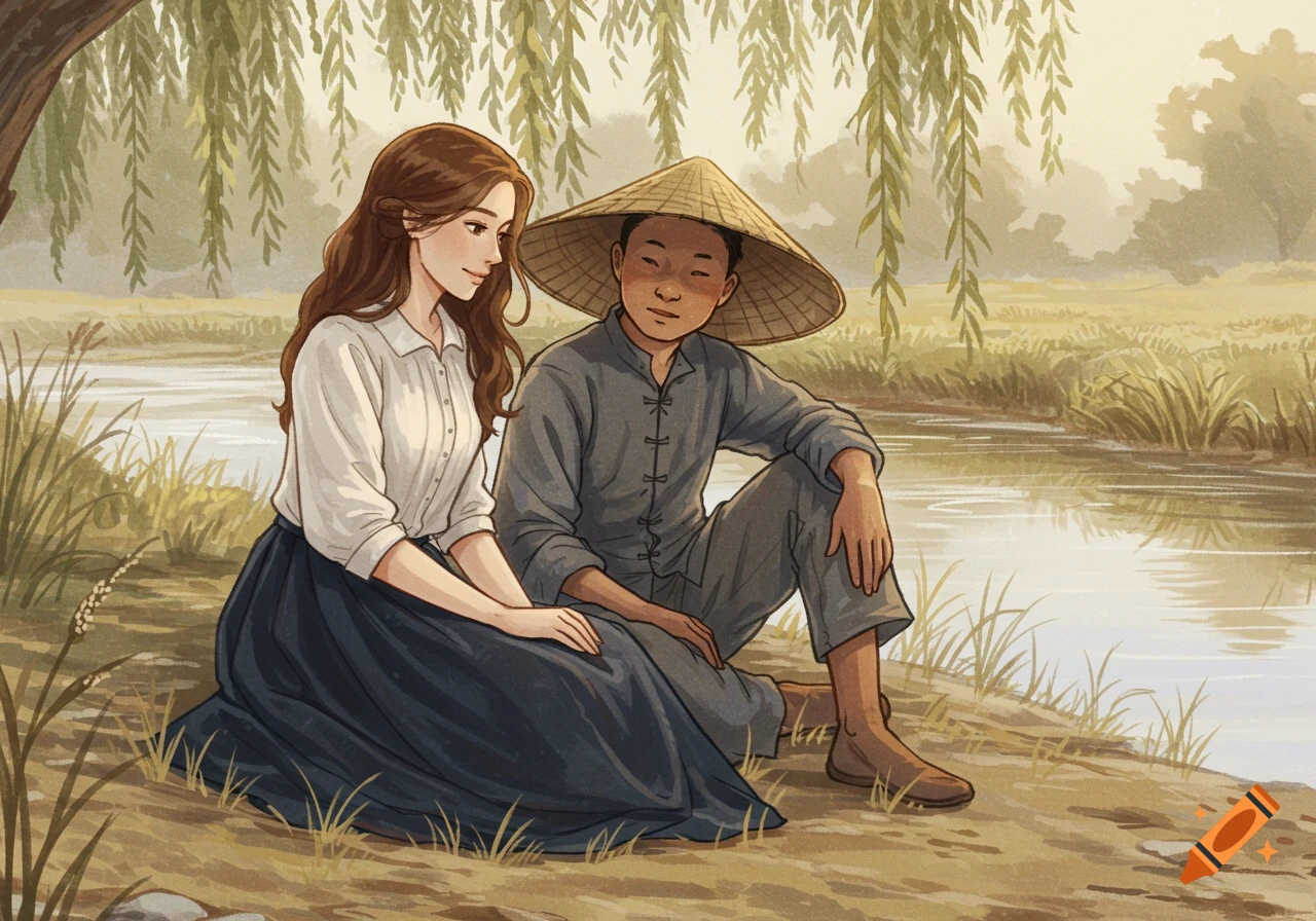 A drawing of a woman in a white shirt and blue skirt sitting beside a man in a straw hat and gray clothes on a riverbank.