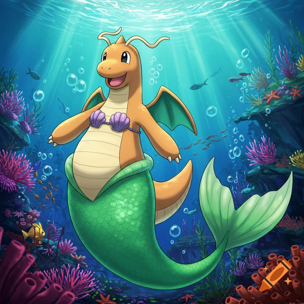 A happy Dragonite Pokemon character wearing a purple seashell bra and a green mermaid tail, swimming in a vibrant anime-style underwater coral reef.