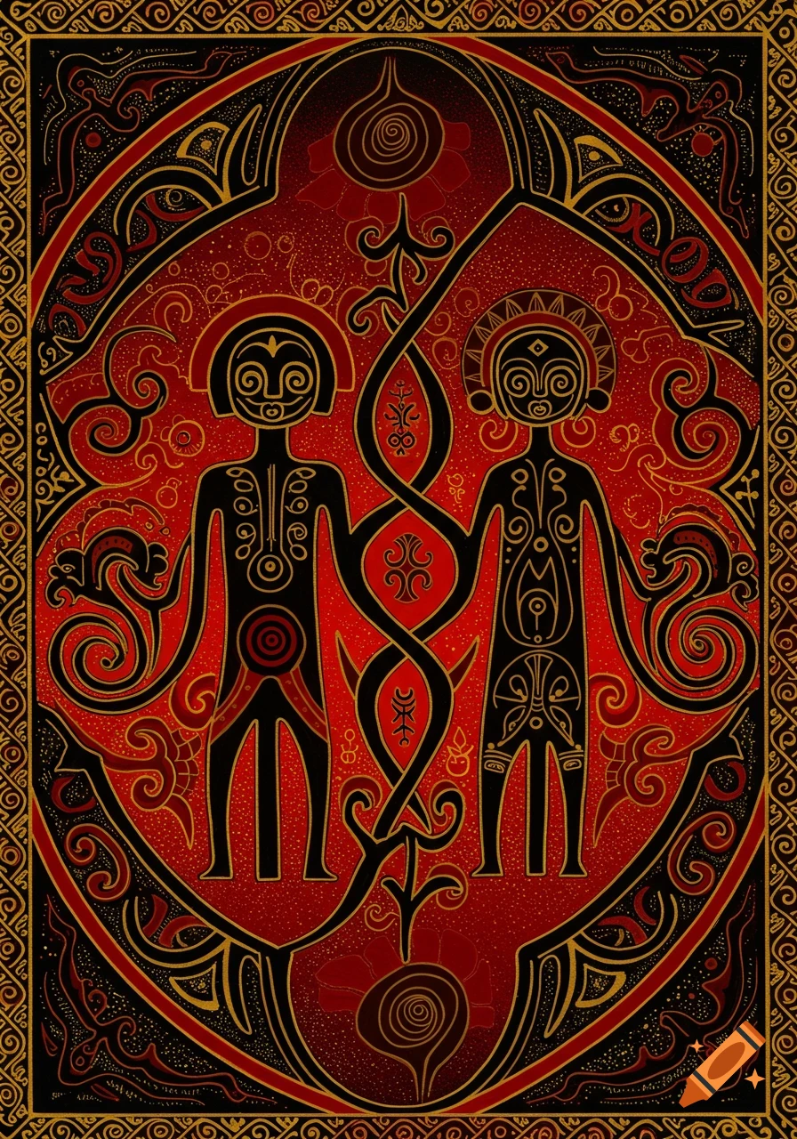 Two stylized figures in an ornate red, black, and gold indigenous or tribal art style, surrounded by intricate patterns.