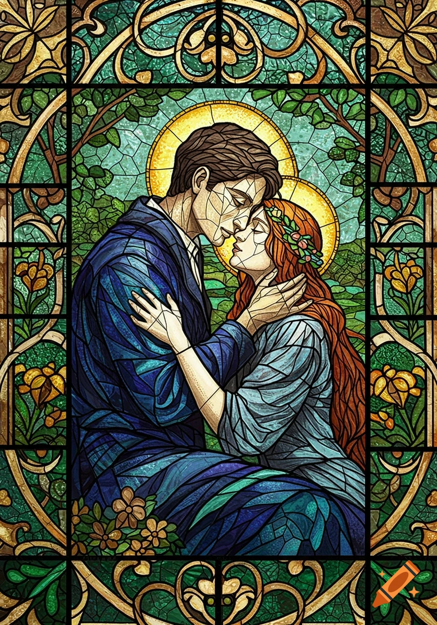 A couple embracing in a colorful stained glass art style, featuring halos and ornate green and gold borders.